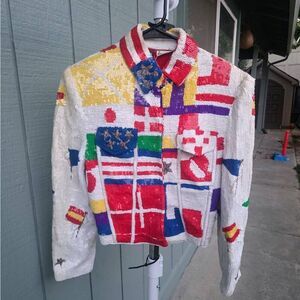 80s Modi Vintage Sequin Embellished World Flags Patterned Silk Jacket. Medium